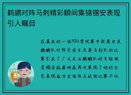 鹈鹕对阵马刺精彩瞬间集锦锡安表现引人瞩目